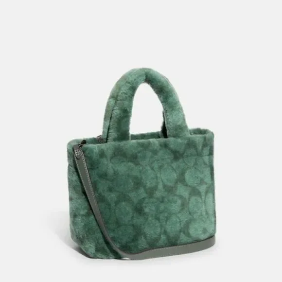 RETAIL Coach Signature Genuine Shearling Tote 22 in Green/Pewter - Picture 4 of 14